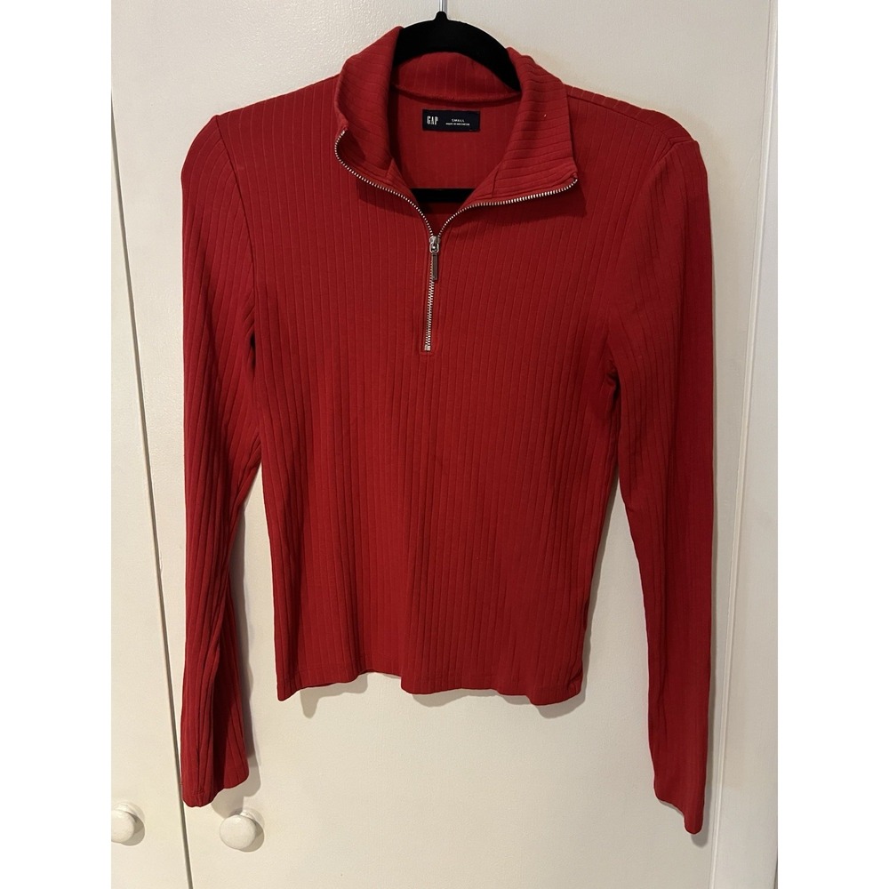 GAP Ribbed Striped 1/4 Zip‎ Sweater Womens Small Red Long Sleeve Top